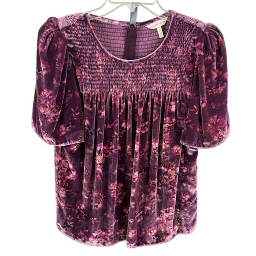 Rebecca Taylor Top Blouse Women's Size 6 Silk Velvet Smocked Floral‎ Puff Sleeve